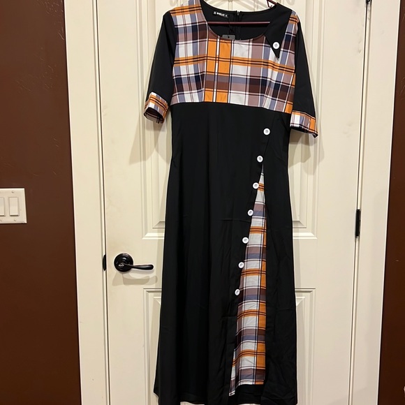 Dresses | Black And Plaid Of Brown Gold And Cream Maxi Dress | Poshmark
